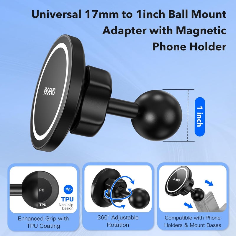 iGoevo 1-Inch B Size Ball Magnetic Phone Mount – Compatible with RAM Bases, Strong Magnet Car Holder for MagSafe and Metal Plate Phones, Dashboard Installation - Image 2